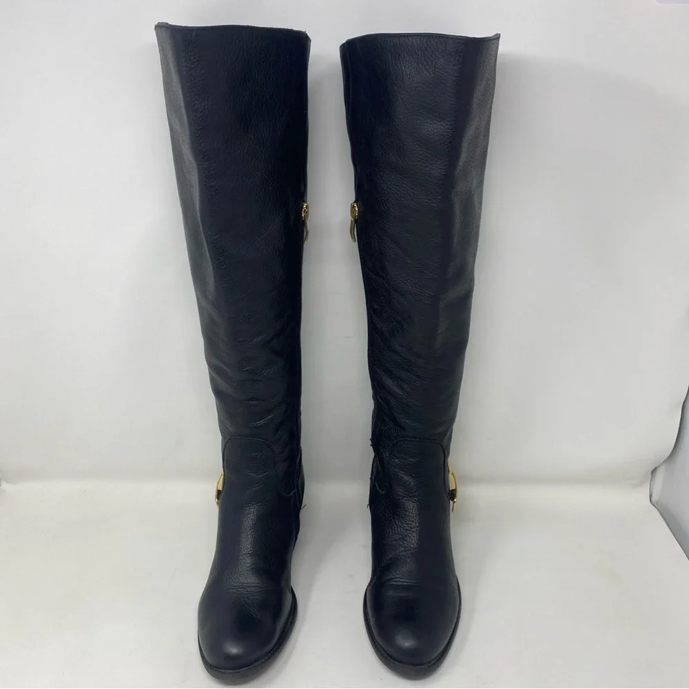 Vince Camuto  Women's 7M Knee-High Riding Boots Black Leather Gold Buckle Zipper